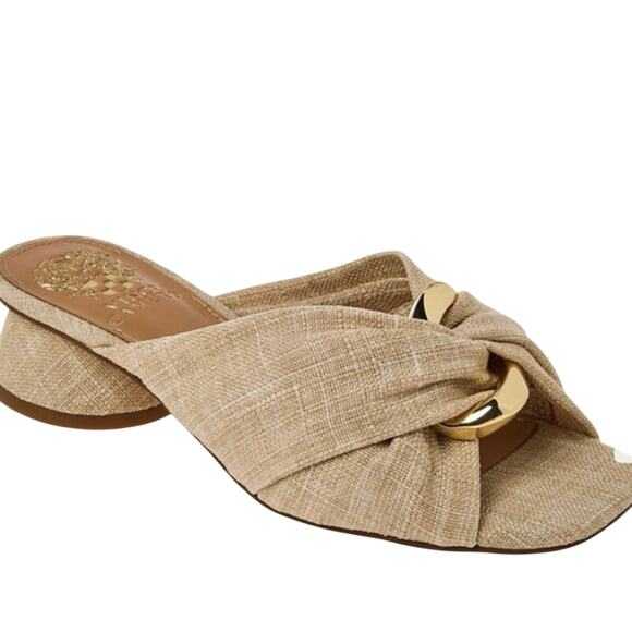 Vince Camuto Liane Natural Linen Raffia Slide Sandals Gold Ring Round Heel New 9 - Picture 1 of 14